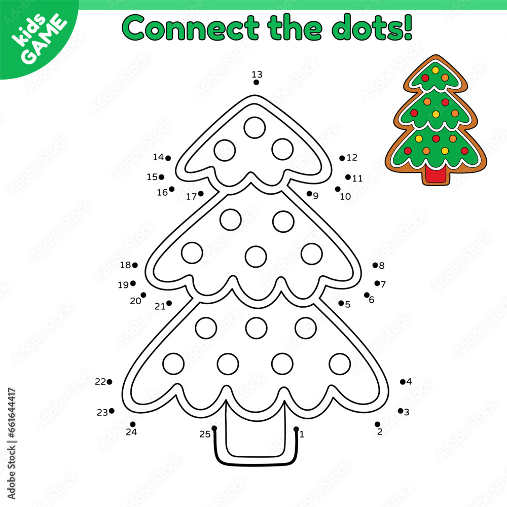 Gingerbread Christmas tree. Dot to dot game for children. Connect the dots by numbers and draw a cartoon New Year cookies. Educational puzzle for kids. Vector illustration of the holiday biscuit. Gingerbread Christmas tree. Dot to dot game for children. Connect the dots by numbers and draw a cartoon New Year cookies. Educational puzzle for kids. Vector illustration of the holiday biscuit.