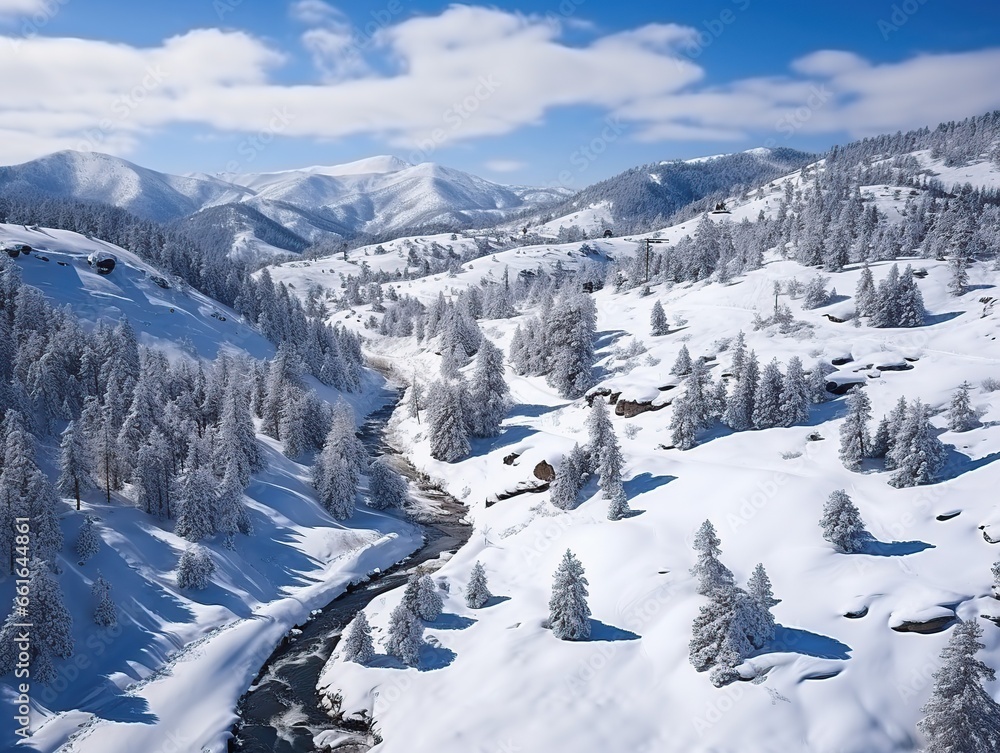 Aerial shot of snow - capped mountain hill in winter at Zlatibor, Serbia from drone pov, Generative AI