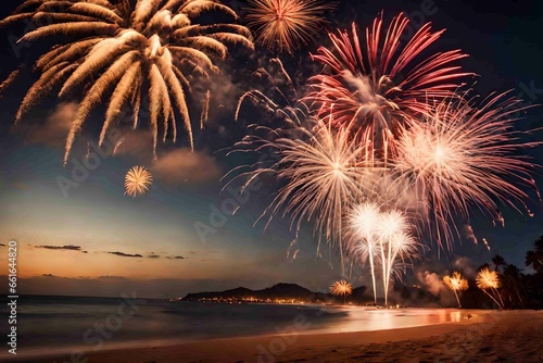 Fireworks on the beach at night to celebrate the New Year 