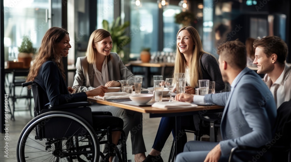 Business meeting in a co-working space by a man in a wheelchair. Integration of people with disabilities.