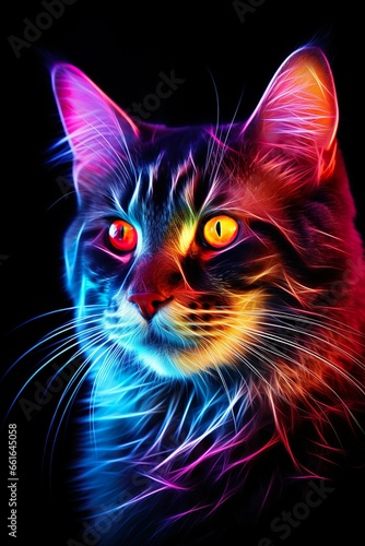 Cat in abstract, graphic highlighters lines rainbow ultra-bright neon artistic portrait | Generative AI