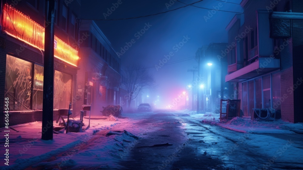 Abandoned, devastated street with colorful neon lights during winter season