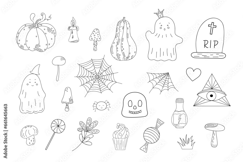 Halloween element set, doodle autumn holiday celebration decor, cute spooky simple creature vector illustration, trendy holiday symbols ghost, mushrooms, lollipop, all seeing eye, spider web, pumpkin