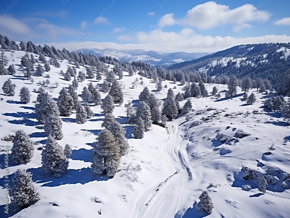 Aerial shot of snow - capped mountain hill in winter at Zlatibor, Serbia from drone pov, Generative AI