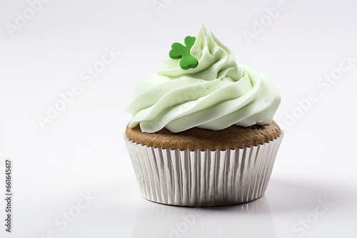 Cupcake with green whipped cream and shamrock on white background. Generative AI
