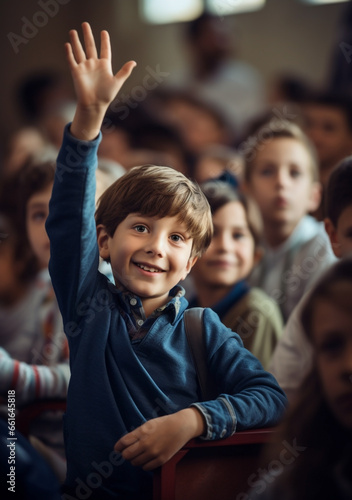 Young Boy Eagerly Raising His Hand in Classroom, Displaying Curiosity & the Joy of Learning.