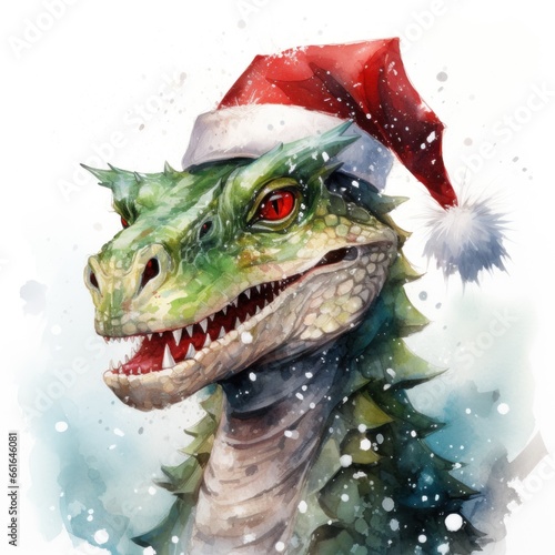 Green dragon in a red Santa Claus hat painted with watercolors. Mythical fantasy animal. Symbol of the new year 2024.