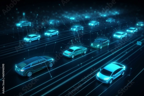 Autonomous transportation. Driverless automotive. Vehicle detection system and wireless vehicle communication network. Generative AI