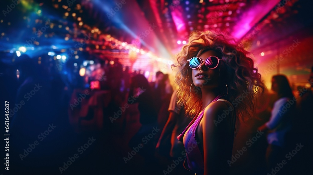 Frau feiert im Club mit Sonnenbrille, schillernde Lichter und Lichteffekte Frau feiert im Club mit Sonnenbrille, schillernde Lichter und Lichteffekte