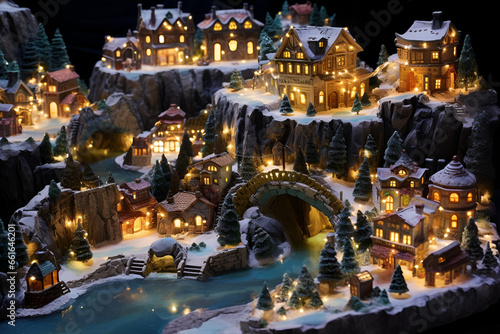 Illuminated snowy miniature village with charming houses, majestic mountains, and an ornate bridge over a frozen river during a magical winter evening © Creative AI Artworks