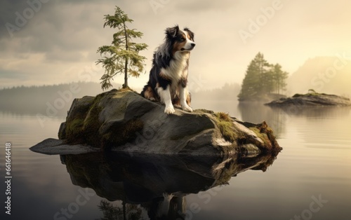 a dog on a rock island