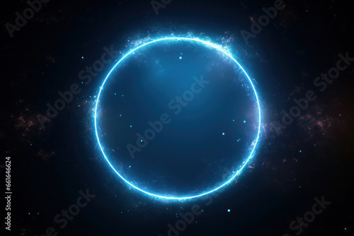 abstract neon circle in the clouds  on a dark background. geometric figure glows at night in the black sky.