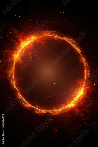 abstract fire circle in the clouds, on a dark background. geometric figure glows at night in the black sky.