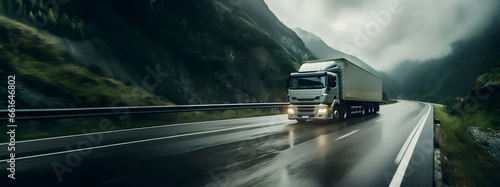 panoramic - truck driving through the mountains on a cloudy day