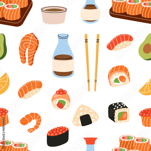 Sushi pattern. Sushi and rolls seamless banner. Tobiko maki, philadelphia roll, onigiri, shrimp nigiri, tekkamaki tuna roll, futomaki, sake temaki