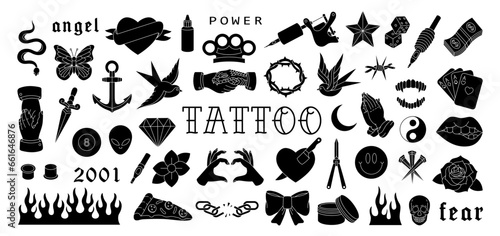 Tattoo set. Various old school tattoos. Swallow  rose  heart  knife  anchor  skull  hands  flowers  snake. Vector illustration.