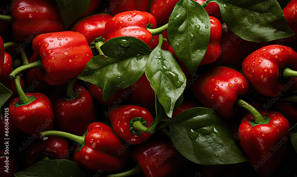 Background of red sweet peppers with green leaves. Background of red sweet peppers with green leaves.