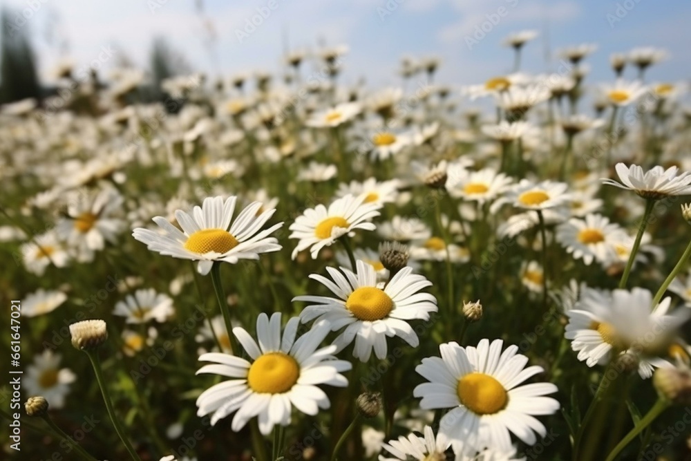 Scenic daisies bloom on bright field. Generative AI