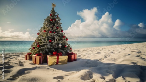 Decorated Christmas tree on sandy beach. Christmas tree on a beautiful white sandy beach paradise in the summer © IC Production