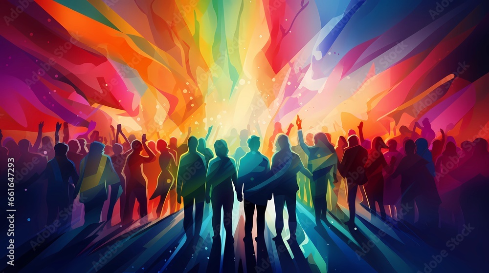 Colorful revolution, crowd of people against the background of colorful dynamic shapes, LGBT community Colorful revolution, crowd of people against the background of colorful dynamic shapes, LGBT community