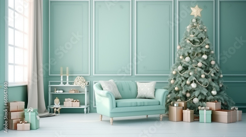 pastel green Interior of beautiful room decorated for Christmas. ai generative