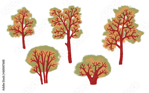 Colorful set of trees. Cluster of plant. landscape and front view. Hand drawn modern illustration. Isolated design element. Poster  print template.