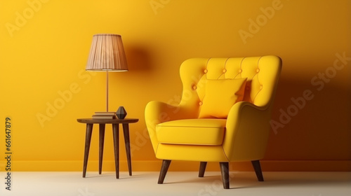 Tufted armchair and coffee table with lamp near yellow wall. Interior modern living room. ai