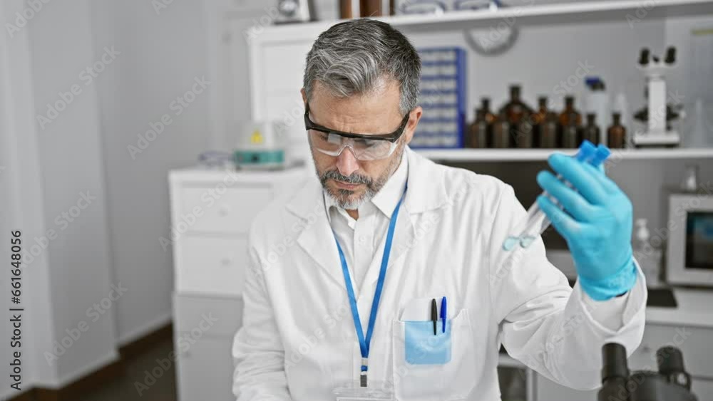 Handsome, young hispanic man, a grey-haired scientist, engrossed in critical medical research at his lab, judiciously measuring liquid in test tubes, embodying professionalism and precision. Handsome, young hispanic man, a grey-haired scientist, engrossed in critical medical research at his lab, judiciously measuring liquid in test tubes, embodying professionalism and precision.