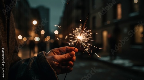 Happy New Year, Burning sparkler with bokeh light background. Close-up of holiday Christmas sparkler on city background.
