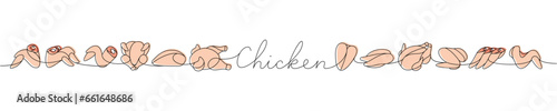 Raw chicken parts set one line colored continuous drawing. Raw chicken meat parts continuous one line illustration. Vector linear illustration.