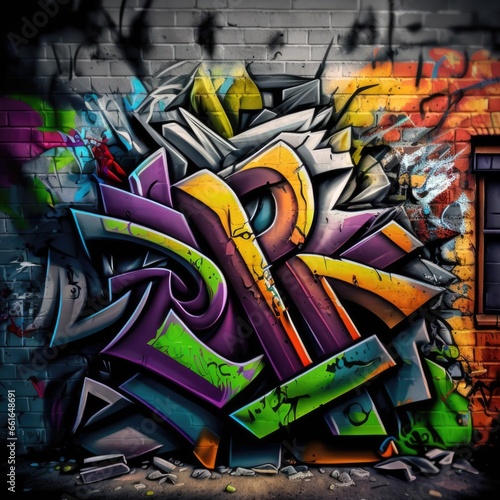 Vibrant colors come alive in this street art mural, expressing the artists creativity through a mix of text and graffiti. Full Frame,