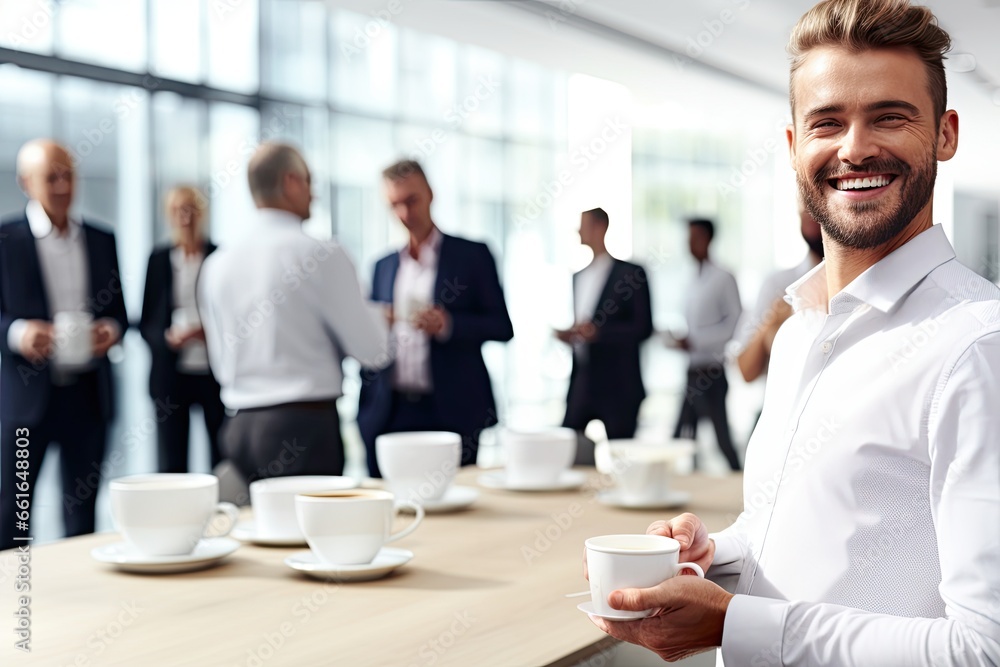 A diverse group of business professionals taking a break, enjoying coffee and tea in a modern office. A diverse group of business professionals taking a break, enjoying coffee and tea in a modern office.