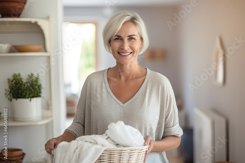 A happy and confident senior woman does housework, sitting indoors with a basket of laundry, showcasing her charming smile.