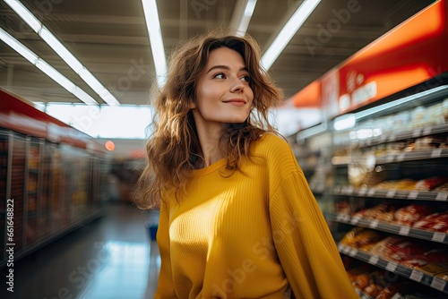 A young, cheerful woman with a bright smile, shopping for healthy groceries at a supermarket. © Andrii Zastrozhnov