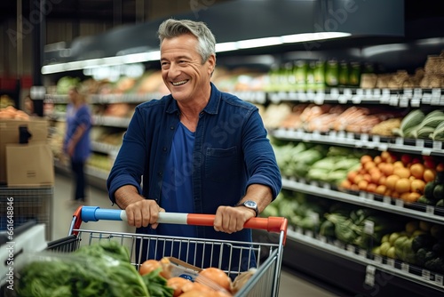 Adult man shopping for healthy groceries in a supermarket, with a cart filled with fresh produce.