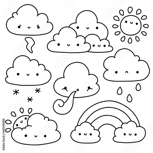 Clouds in kawaii style. Cute coloring page for kids. Study weather with fun and joy. Cute character design. 