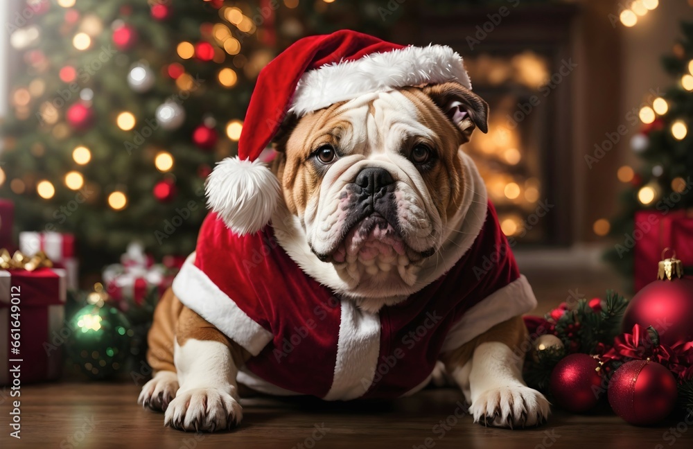 Festive portrait of English bulldog dressed in Santa Claus clothing style, cute dog background, banner, template 