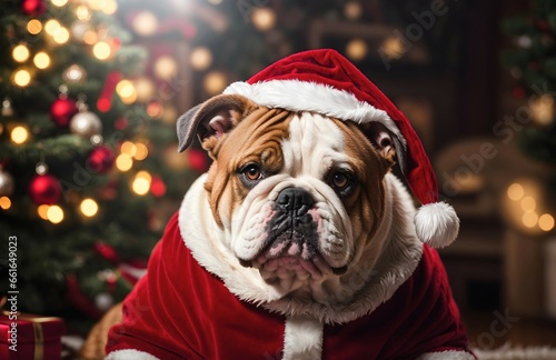 Festive portrait of English bulldog dressed in Santa Claus clothing style, cute dog background, banner, template  © Karlo