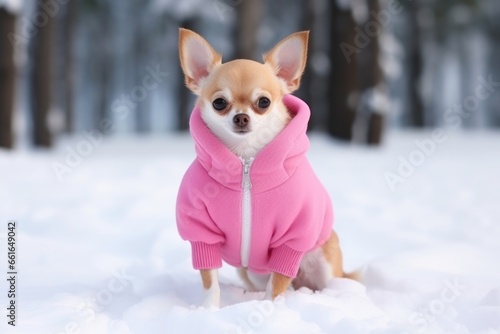 Cute fashionable purebred Chihuahua dog dressed in stylish pink jacket on a walk in winter park  sitting in white snow. Pedigreed dog. With copy space. For poster  banner  postcard  advertising.