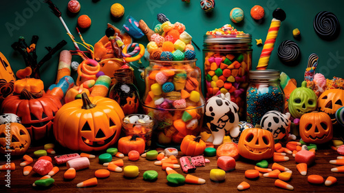Bright illustration of candies on a colorful Halloween-style background. Generative AI © keks20034