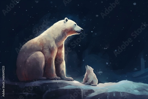 A polar bear with her cub sit in snow, gazing at each other. Snowy landscape, starry sky, and dark backdrop. Generative AI © Maren