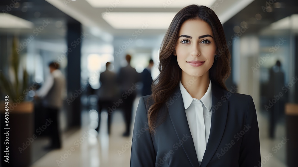 Portrait of a confident female bank manager standing inside a modern bank lobby Banking
