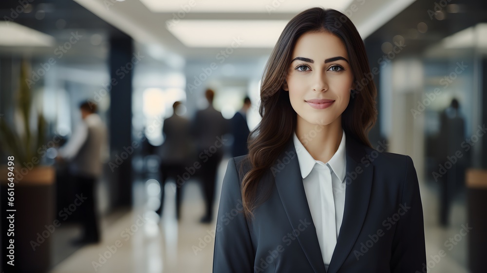 Fototapeta premium Portrait of a confident female bank manager standing inside a modern bank lobby Banking 