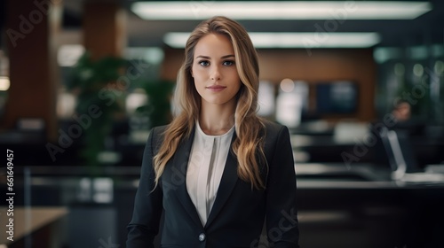 Portrait of a confident female bank manager standing inside a modern bank lobby Banking 