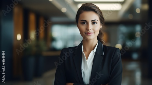 Portrait of a confident female bank manager standing inside a modern bank lobby Banking 