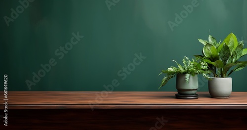 Wooden table with plant pot on blackboard background. 3d rendering