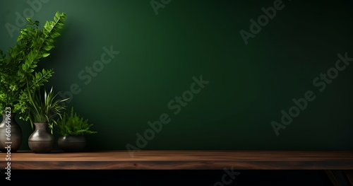 3D render of a dark green room with a wooden table and a vase of plants