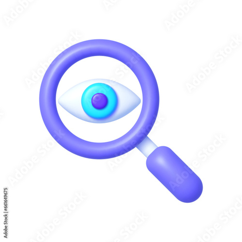 Search loupe icon in 3d style, on white background. Zoom tool. Eye in magnifier. Vector design object for you project