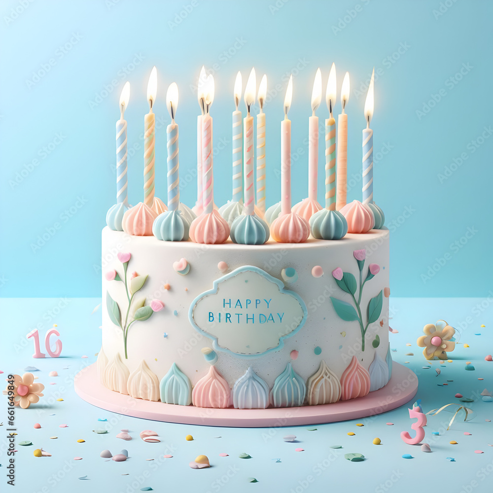 birthday cake with candles on pastel blue background with copy space ...