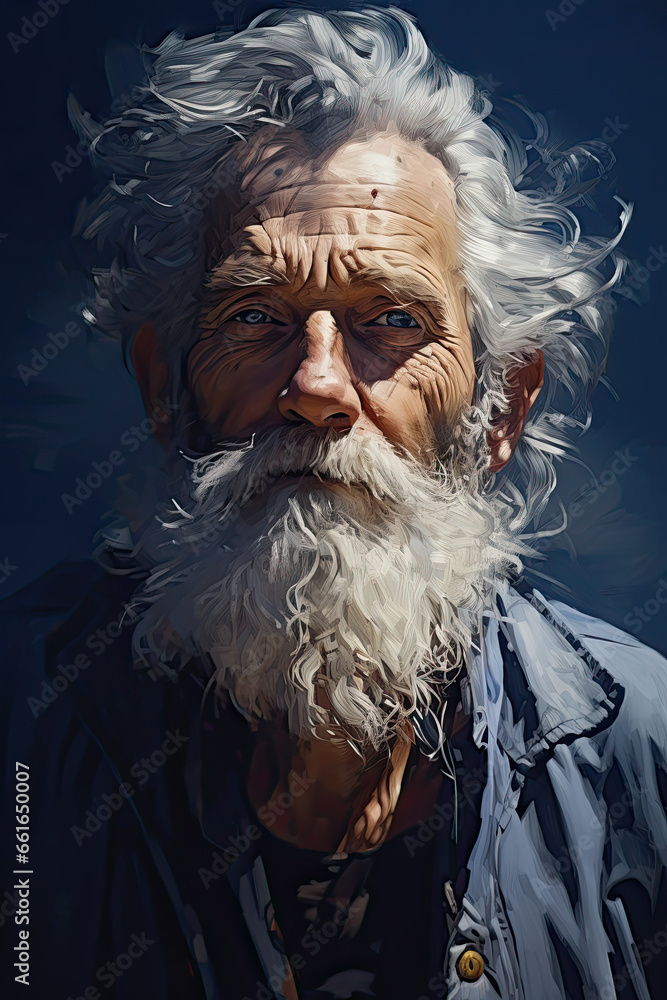 a beautiful illustration of a handsome old man with a long beard and gray hair.